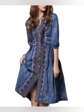 Keer Qiaowa Embroidered Denim Boho Midi Dress Blue Acid Wash Pockets Small